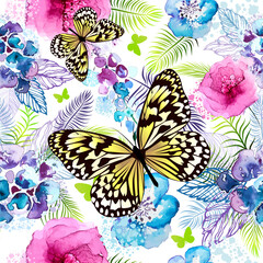 A seamless background of watercolor flowers. Floral print with butterflies. Vector illustration