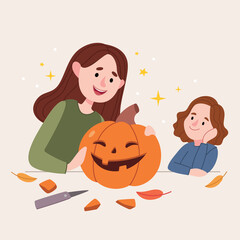 Mom and daughter make a pumpkin for Halloween. Make jack o lantern for Halloween together. Autumn mystery. Halloween decoration concept. 