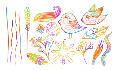 Set of decorative flowers leaves and birds. Multicolored pattern. Mixed media. Vector illustration