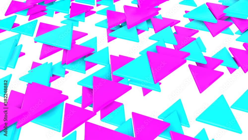 Poster purple and turquoise three-dimensional triangles fly on a white background. looped abstract animated