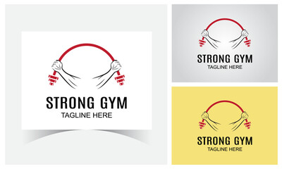 Gym Logo Design Template-Fitness club logo with exercising athletic man isolated on white, illustration-Gym fitness barbell logo icon with swoosh graphic element.