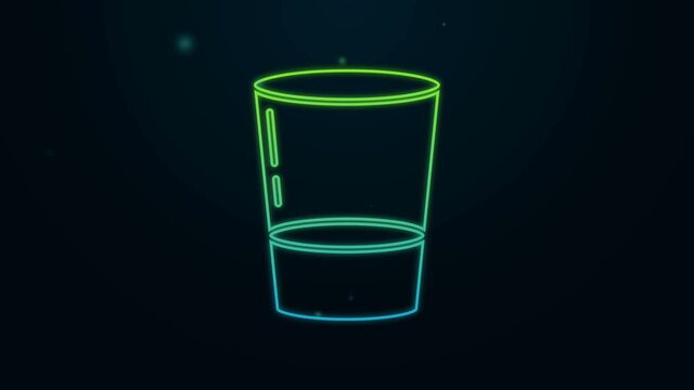 Glowing neon line Glass with water icon isolated on black background. Soda glass. 4K Video motion graphic animation