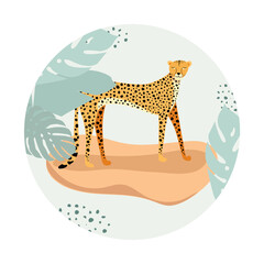 Template design with exotic wild animals. Sitting wild cat cheetah in circle. Design for banner, flyer, invitation, poster, web site or greeting card. Vector illustration.