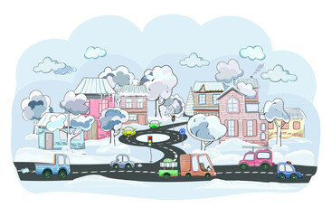 Flat vector nursery cartoon illustration of urban winter landscape, road, funny cars, traffic lights, road signs. Cute cozy town street with traffic. Perfect for kids poster, book illustration, print