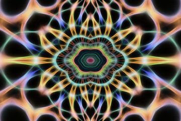 Abstract multicolored fractal neon kaleidoscope background.