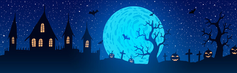 Vector illustration of halloween. Pumpkin Jack on background of the old house, cemetery and full moon.