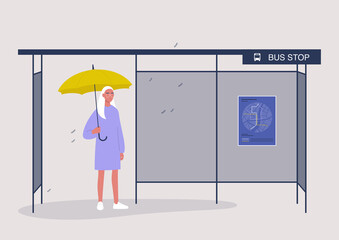 Rainy autumn weather, a female character waiting a bus under the yellow umbrella