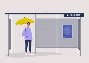 Rainy autumn weather, a male character waiting for a bus under the yellow umbrella