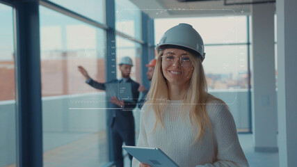 Future. Face ID. Portrait of Cheerful Beautiful Blonde Woman Engineer Architect Wearing Protective Helmet Using Tablet Being Scanned by Technological 3D Biometric Facial Recognition.