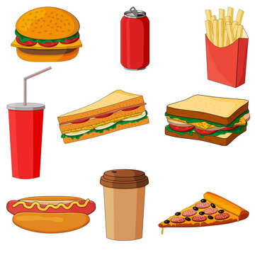 Set of fast food images.hot dogs,sandwiches,burgers,fried potatoes,coffee and drinks are presented.Can be used for graphic design, applique and packaging paper.