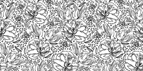 Retro baroque floral line art pattern. Vintage, country style, hand drawn floral bouquet. Line art florals on white background. Elegant nature background. Perfect for home decor, fabric and gift wrap.