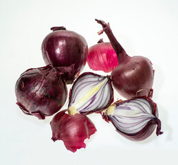 Sliced red onions on a white background. Top view.