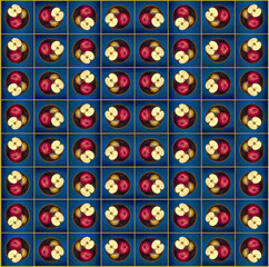Top view of fresh ripe red apples in a basket on a blue background. Pattern.