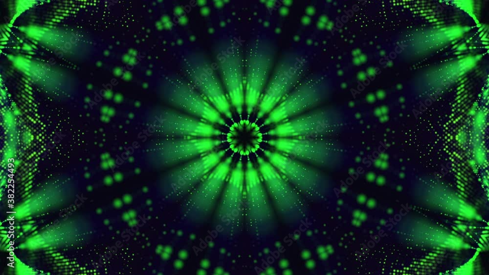 Poster abstract looped animated background. green flying particles kaleidoscope patterns. 3d render