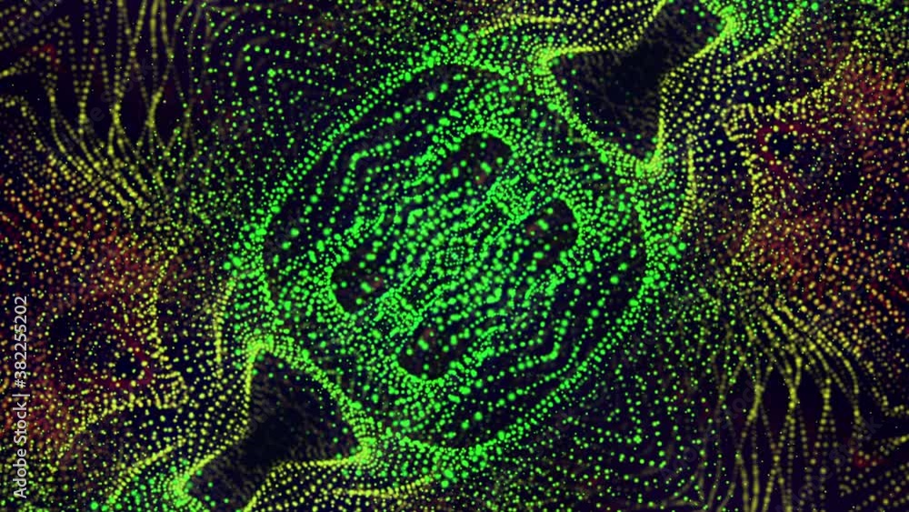 Poster abstract looped animated background. green flying particles kaleidoscope patterns. 3d render