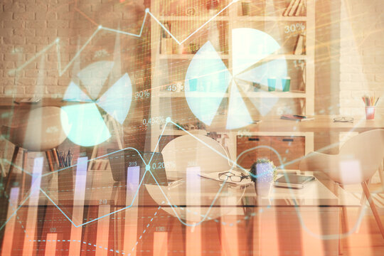 Double exposure of financial graph drawing and office interior background. Concept of stock market. - Powered by Adobe