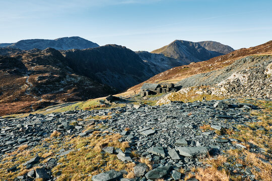 Dubs Hut bothy with Haystacks beyond. Cumbria, UK.