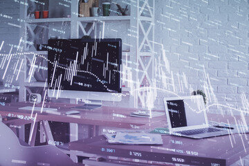 Double exposure of financial graph drawing and office interior background. Concept of stock market.