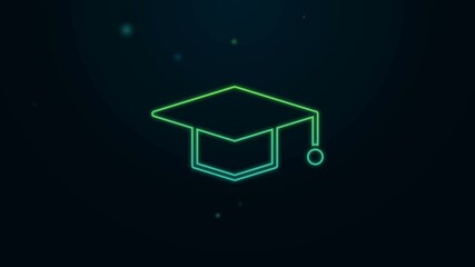 Glowing neon line Graduation cap icon isolated on black background. Graduation hat with tassel icon. 4K Video motion graphic animation