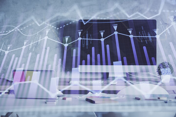 Multi exposure of financial graph drawing and office interior background. Concept of market analysis.