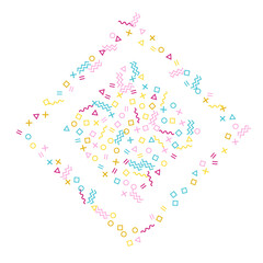 Memphis style geometric confetti background with triangle, circle, square, zigzag and wavy line