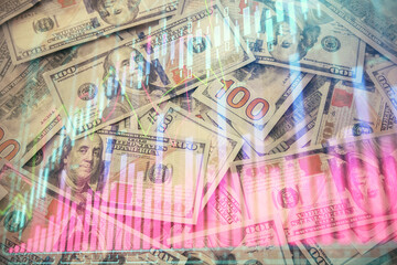 Multi exposure of forex chart drawing over us dollars bill background. Concept of financial success markets.