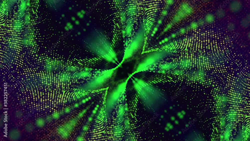 Aufkleber abstract looped animated background. green flying particles kaleidoscope patterns. 3d render