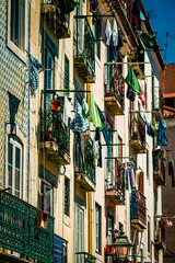 View of the facade of a building in the downtown of Lisbon in Portugal
