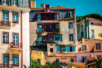 View of the facade of a building in the downtown of Lisbon in Portugal
