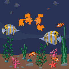 Seascape with representatives of marine flora and fauna.Can be used for printing, design, postcard and poster.