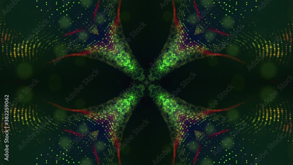Aufkleber abstract looped animated background. green flying particles kaleidoscope patterns. 3d render