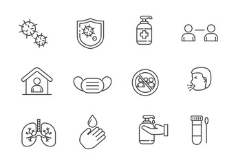 Set of coronavirus icons in line style isolated on white background. Coronavirus doodle icons 