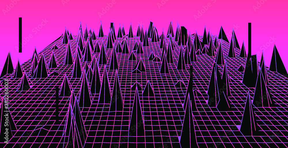 Poster Abstract technology background with warped and distorted laser grid. Vaporwave and synthwave style illustration like in old video arcade games.