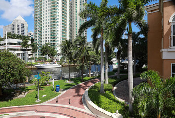 Fototapeta na wymiar Aerial view of Riverwalk on the banks of the New River in downtown Fort Lauderdale., Florida, USA.