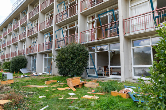 Vandalised apartment building.