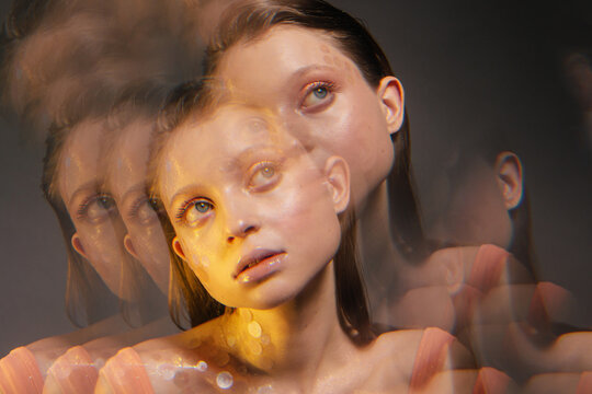 Double exposure surreal mermaid portrait