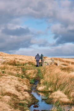 Father and son walking in the Cheviot Hills. Northumberland, UK.