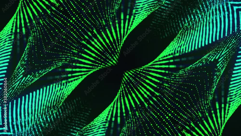 Poster abstract looped animated background. green flying particles kaleidoscope patterns. 3d render