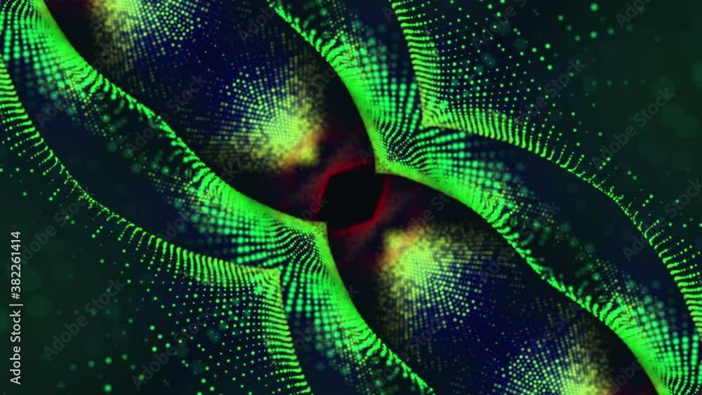 Poster abstract looped animated background. green flying particles kaleidoscope patterns. 3d render