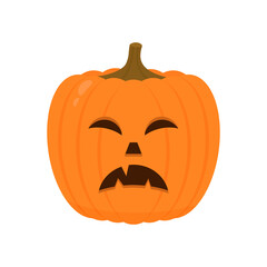 Halloween Pumpkin with scary face icon isolated on white. Cute cartoon Jack-o -Lantern. Halloween party decorations. Easy to edit vector template.