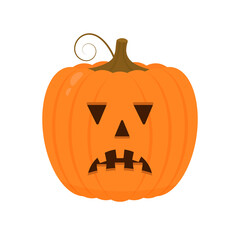 Halloween Pumpkin with scary face icon isolated on white. Cute cartoon Jack-o -Lantern. Halloween party decorations. Easy to edit vector template.