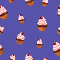 Seamless pattern with various cupcakes on a violet background. Sweet pastries are decorated with cherries.