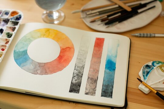 Watercolor artist's desk with open sketchbook