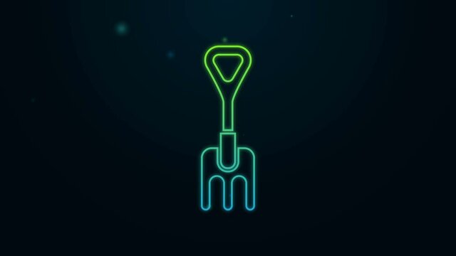 Glowing neon line Garden rake icon isolated on black background. Tool for horticulture, agriculture, farming. Ground cultivator. 4K Video motion graphic animation