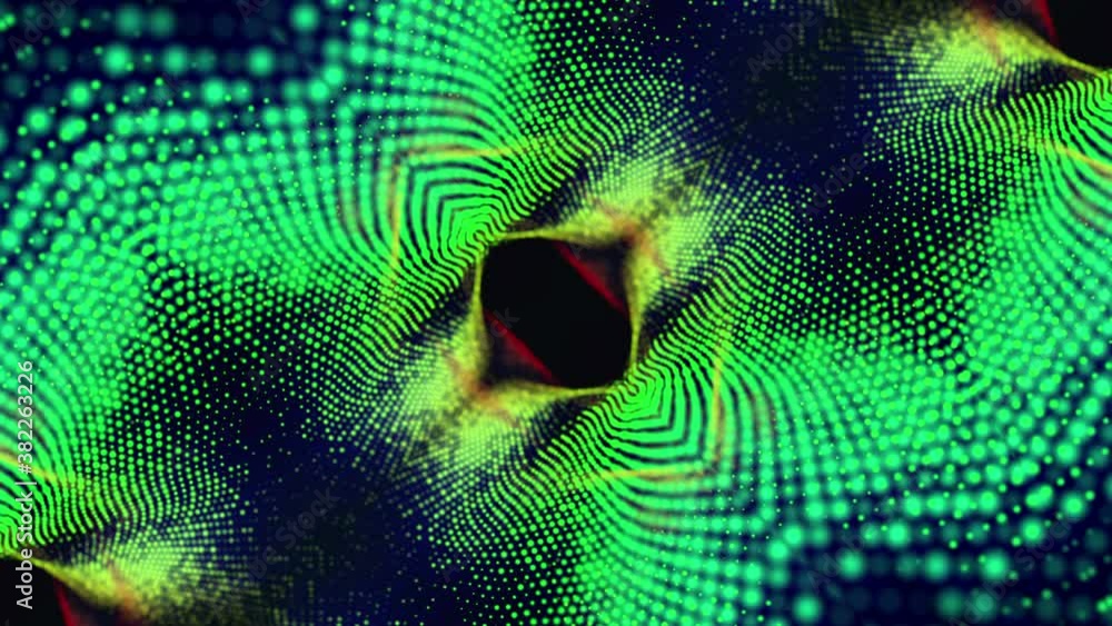 Poster abstract looped animated background. green flying particles kaleidoscope patterns. 3d render