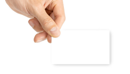 Fototapeta premium Woman hand card. Hand holding blank business paper card isolated on white background. Layout and mockup for design, place for text, copy space.