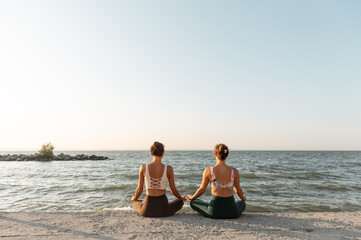 Fit ladies concentrating and practicing yoga on seafront in sunny summer day