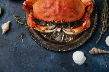 Big round metal black plate with cooked king crab served with ice cube. rosemary and seashells on...