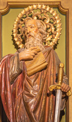 Fototapeta na wymiar BARCELONA, SPAIN - MARCH 3, 2020: The carved polychrome statue of St. Paul the apostle in the chruch Iglesia de Belen.