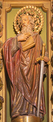 BARCELONA, SPAIN - MARCH 3, 2020: The carved polychrome statue of St. Paul the apostle in the chruch Iglesia de Belen.